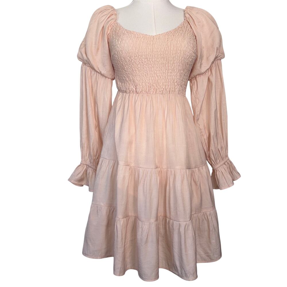 Blush Peach Smocked Mini Dress Milkmaid Fairycore Peasant Cottagecore SZ‎ Small